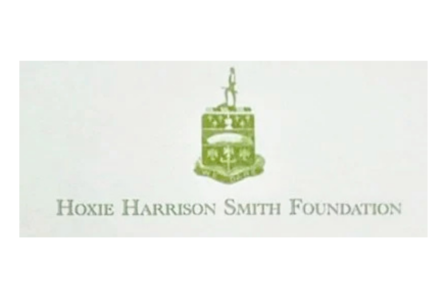 Green logo of Hoxie Harrison Smith Foundation featuring a crest with a person standing on top of it, and the foundation name written below.