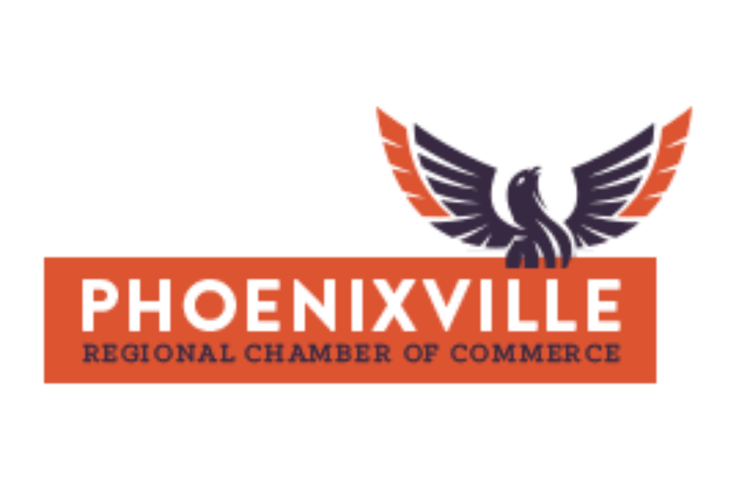 Logo of the Phoenix Regional Chamber of Commerce featuring a stylized phoenix bird with wings spread, in orange and navy colors, with the text 'PHOENIX' in large white letters on an orange background and 'REGIONAL CHAMBER OF COMMERCE' in smaller navy
