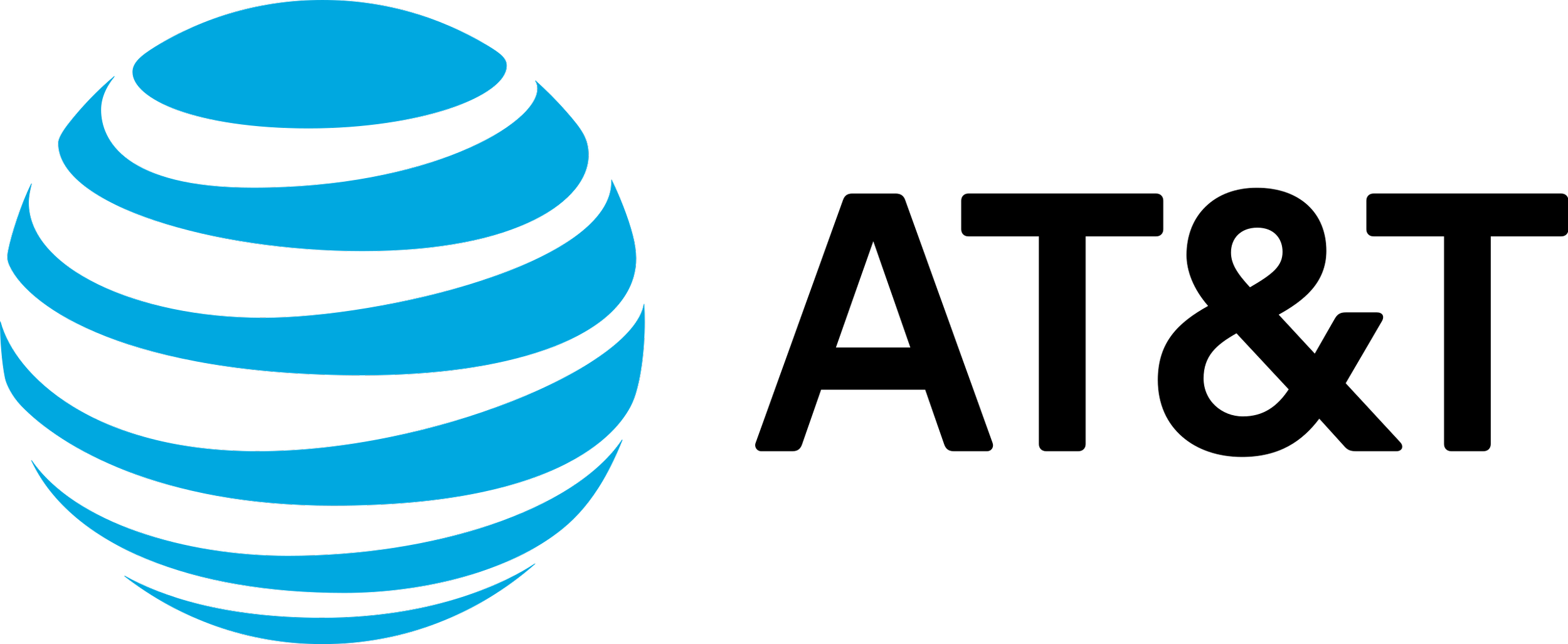 AT&T logo with a stylized blue and black globe and company name in black text