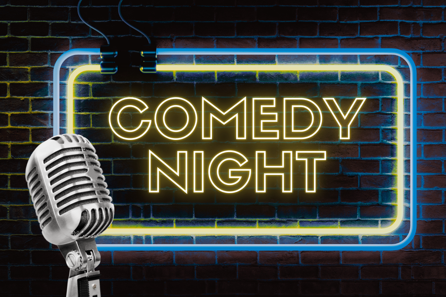 Neon sign that reads 'Comedy Night' on a brick wall, with a vintage microphone in the foreground.