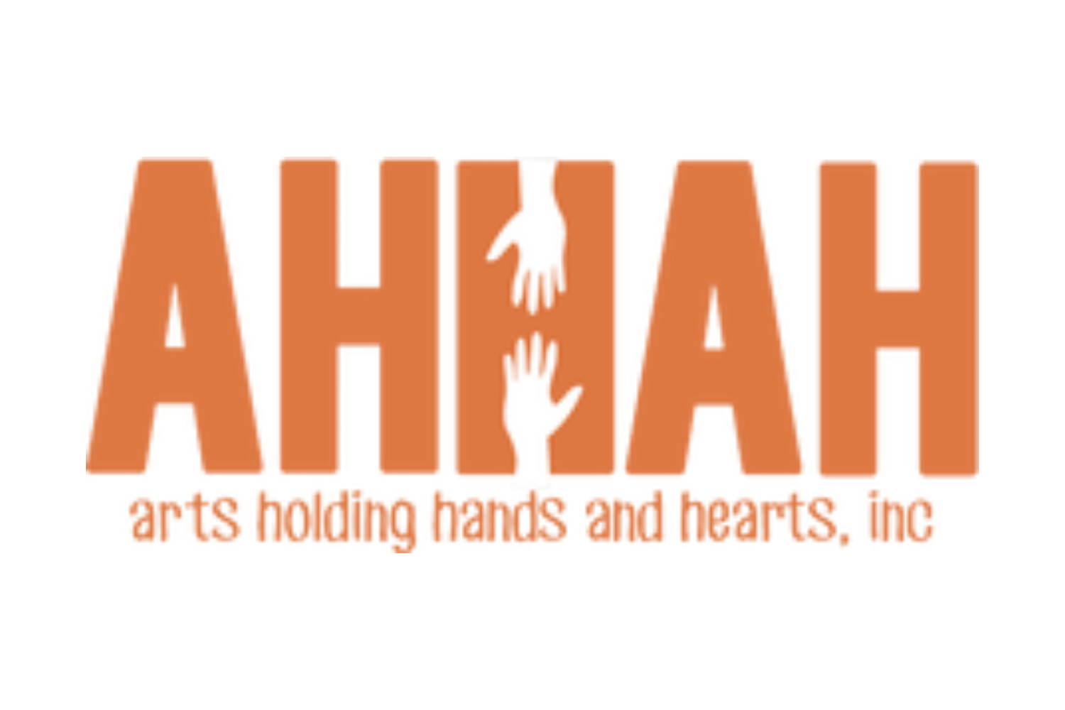 Logo of arts holding hands and hearts, inc featuring the text 'AIHA' with hand illustrations between the letters and the tagline 'arts holding hands and hearts, inc' underneath.