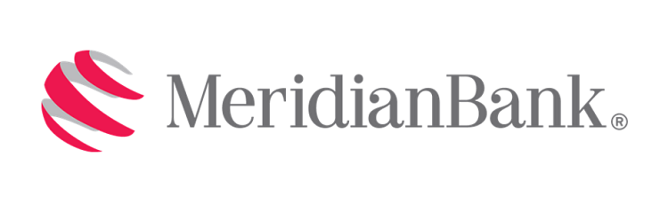 Meridian Bank logo with red curved lines and gray text
