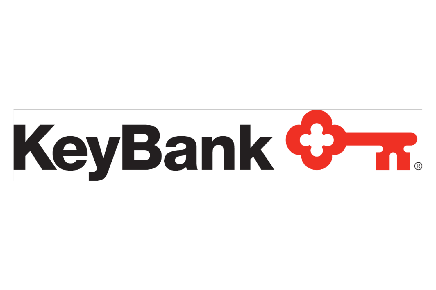 Logo of KeyBank with black text and a red key with a clover-shaped bow