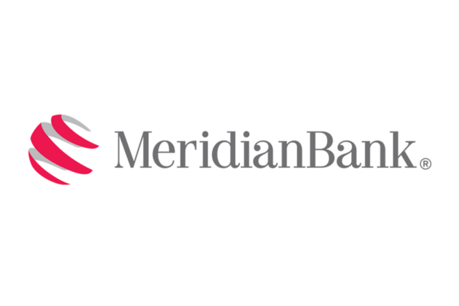 Meridian Bank logo with a red and gray spherical symbol and gray text on a white background.