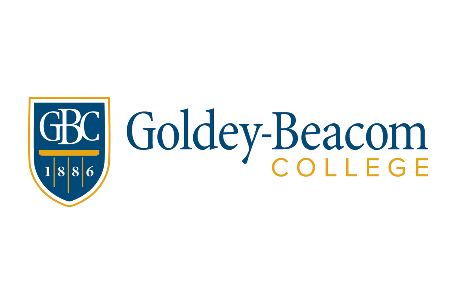 Goldey-Beacom College logo with shield emblem and text in blue and gold.