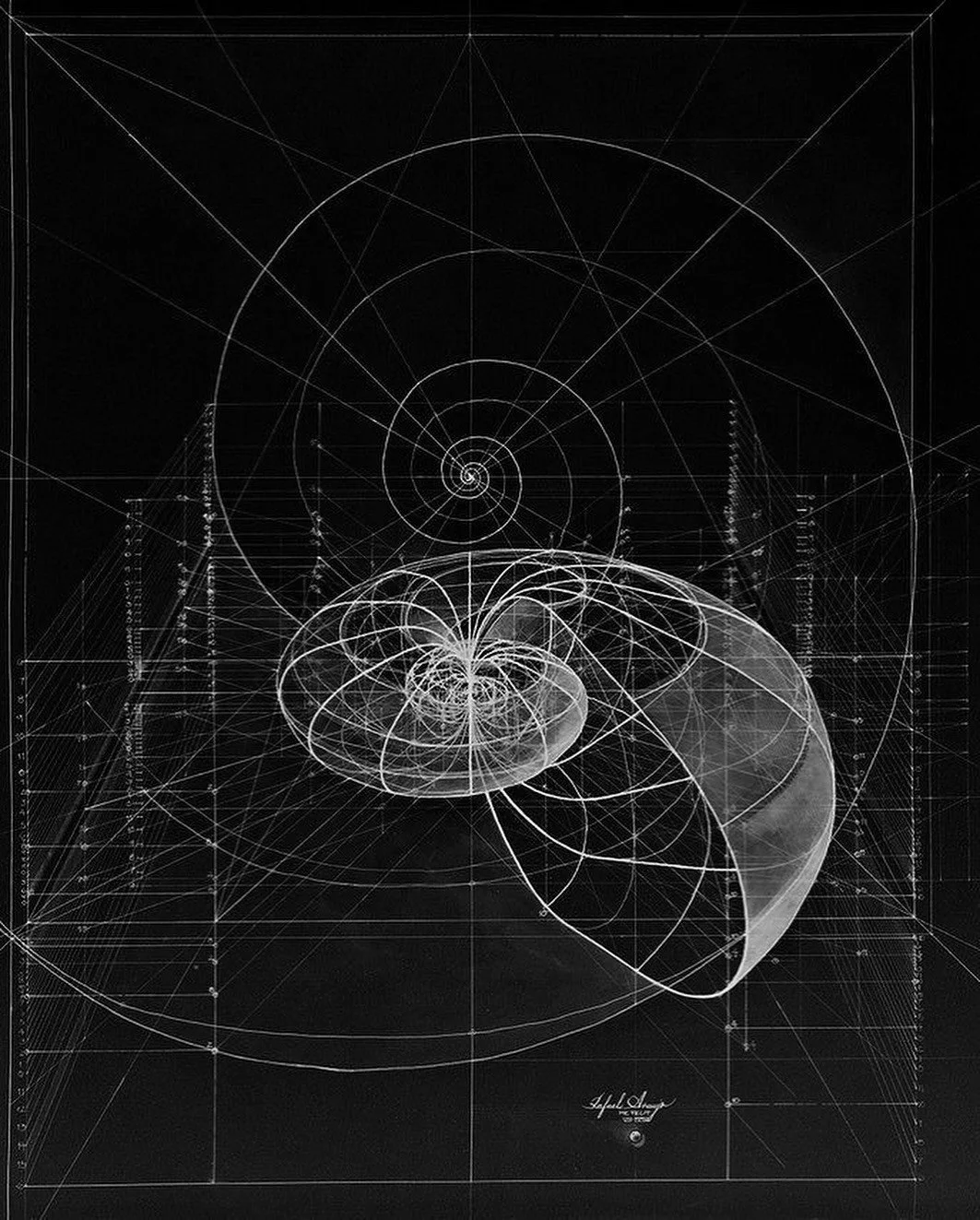 Black background with white geometric spiral and grid lines, resembling a complex mathematical or scientific diagram, including spirals, circles, and wireframe shapes.