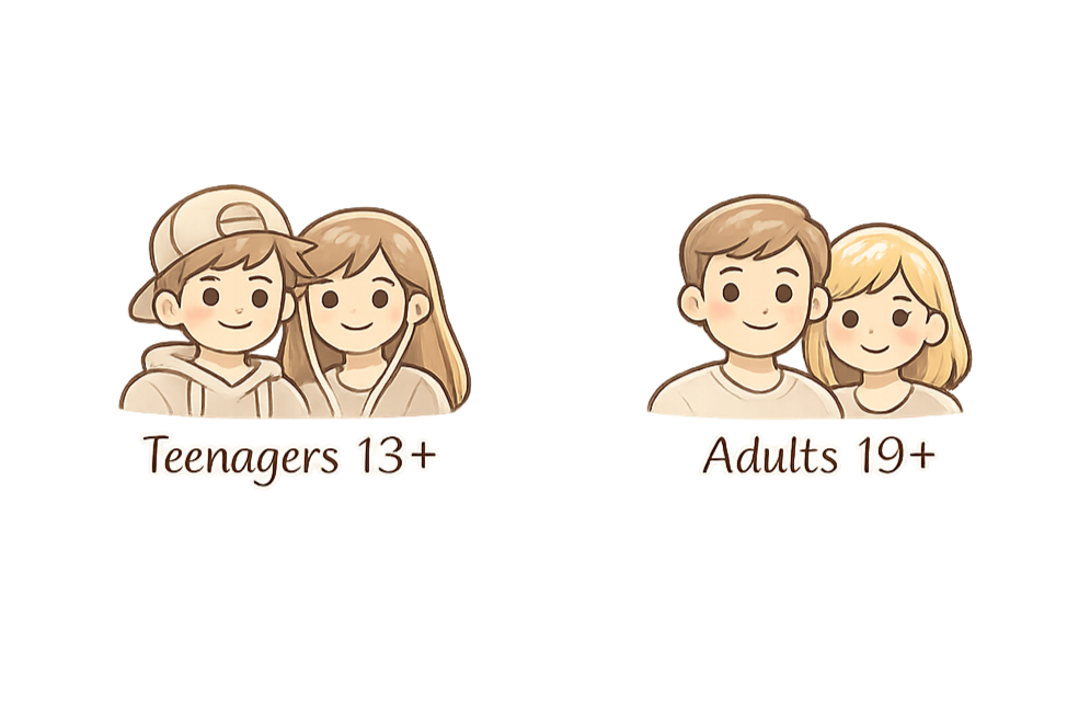 A chart comparing teenagers and adults, with illustrations of a teenage boy and girl on the left and an adult man and woman on the right.