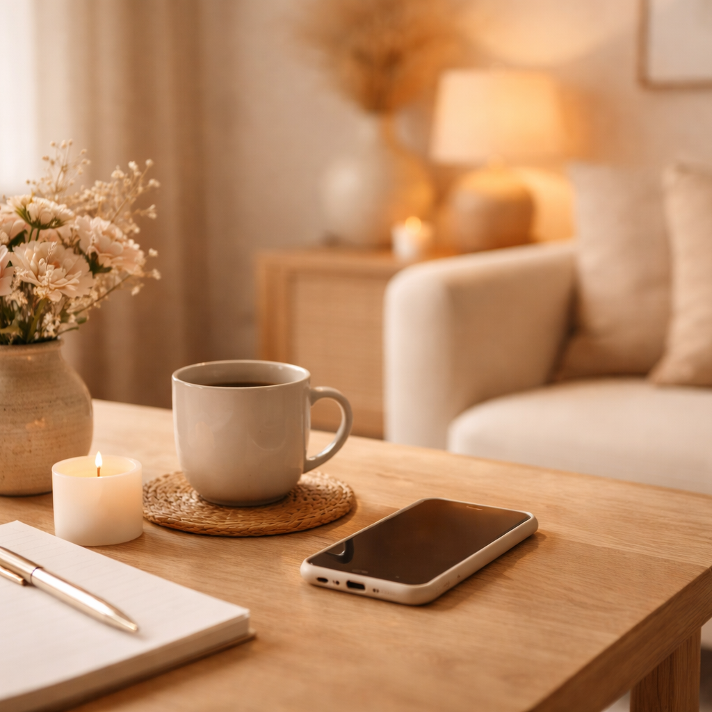 A cozy living room with a wooden table holding a coffee mug, a lit candle, a notebook with a pen, and a smartphone. In the background, there is a beige sofa, a side table with a lamp and a decorative vase with flowers, and soft warm lighting.