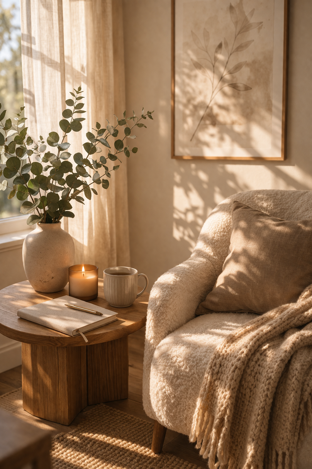 A cozy living room corner with a beige sofa, a light wooden side table with a notebook, pen, a lit candle, a mug, and a vase with eucalyptus. Sunlight filters through curtains, creating shadows on the wall and sofa, with a framed botanical print hanging behind.
