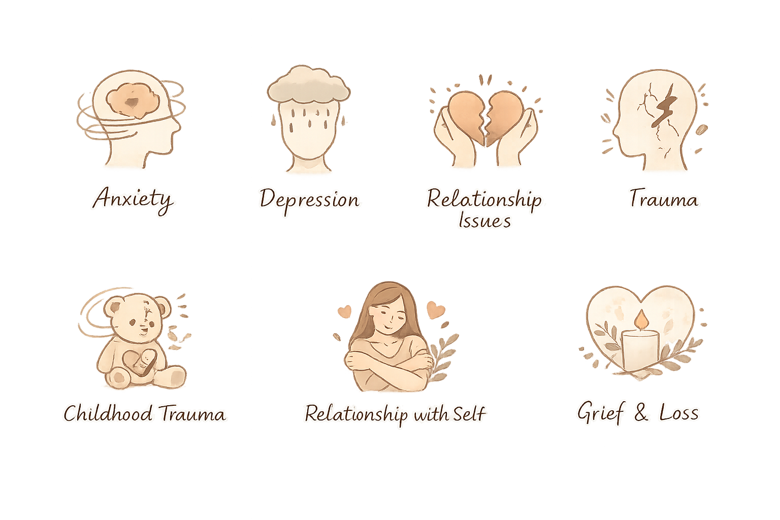 Illustrations representing mental health issues, including anxiety, depression, relationship issues, trauma, childhood trauma, relationship with self, grief and loss, with the titles below each drawing.