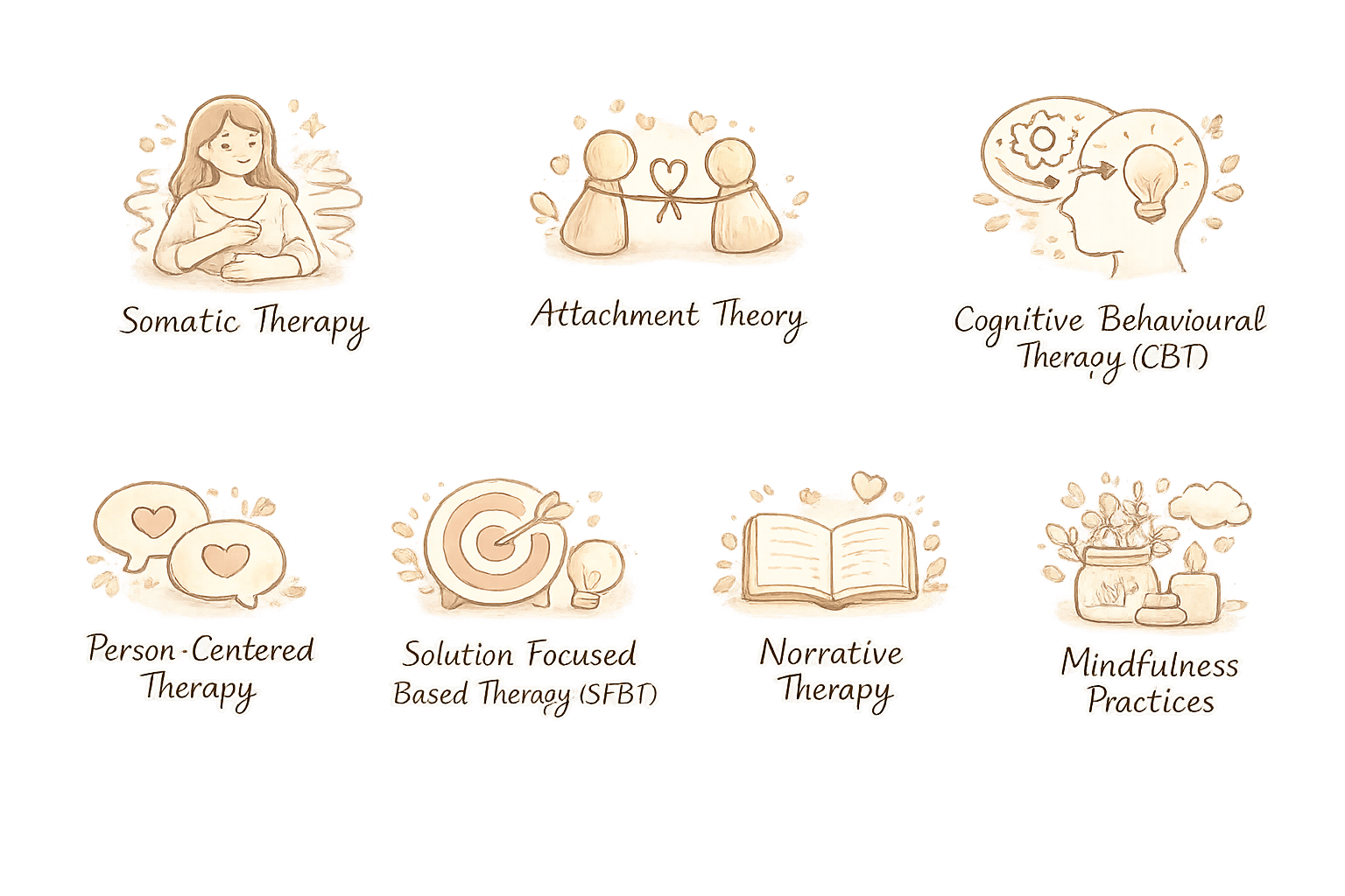 A diagram showcasing different types of therapy, including somatic therapy, attachment theory, cognitive behavioral therapy, person-centered therapy, solution-focused therapy, narrative therapy, and mindfulness practices, with illustrative icons and titles for each.