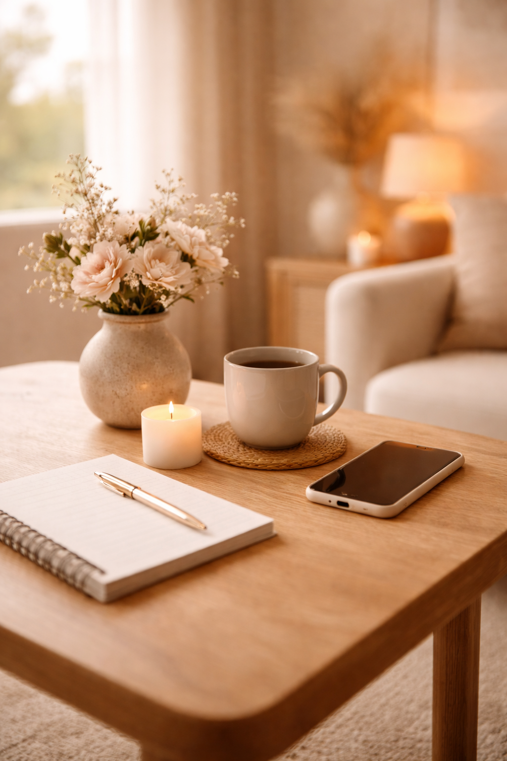 A wooden table with a notebook, a gold pen, a lit candle, a cup of coffee on a coaster, a smartphone, and a vase with pink and white flowers in a cozy, softly-lit living room.
