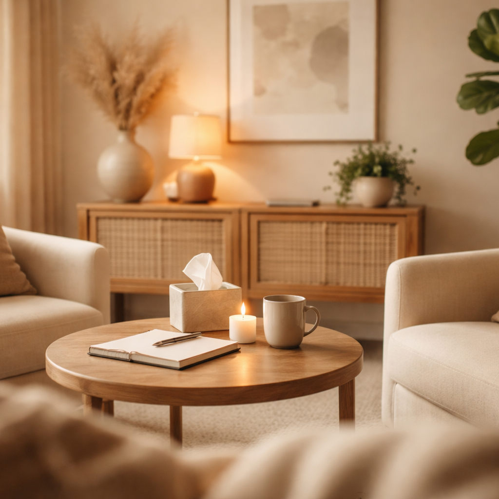 Living room with beige sofas, a wooden coffee table with a candle, mug, tissue box, and notebook, a wooden sideboard with a lamp, artwork, and plants, and warm lighting.