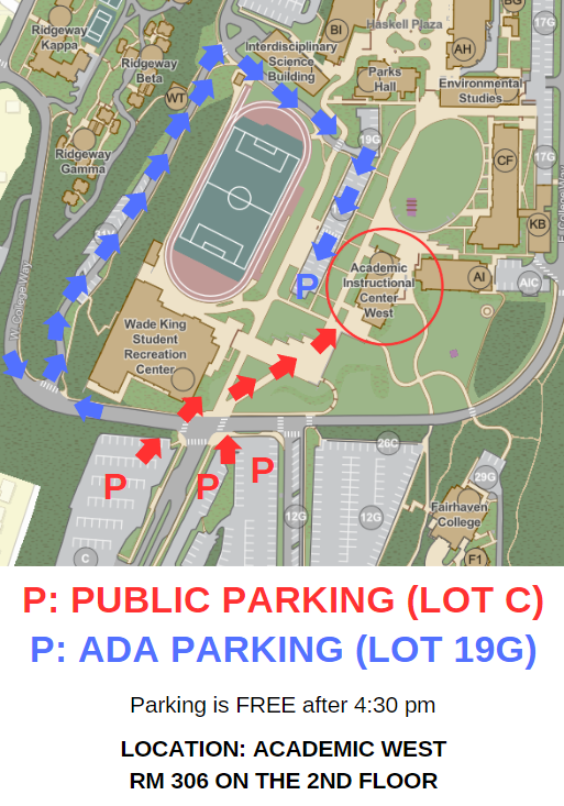 Map of a campus indicating parking areas: public parking (LOT C) marked with red arrows and parking for individuals with disabilities (LOT 19G) marked with blue arrows, showing routes to the academic instructional center and sports field. Text notes parking is free after 4:30 pm and specifies location as Academic West, Room 306, on the second floor.
