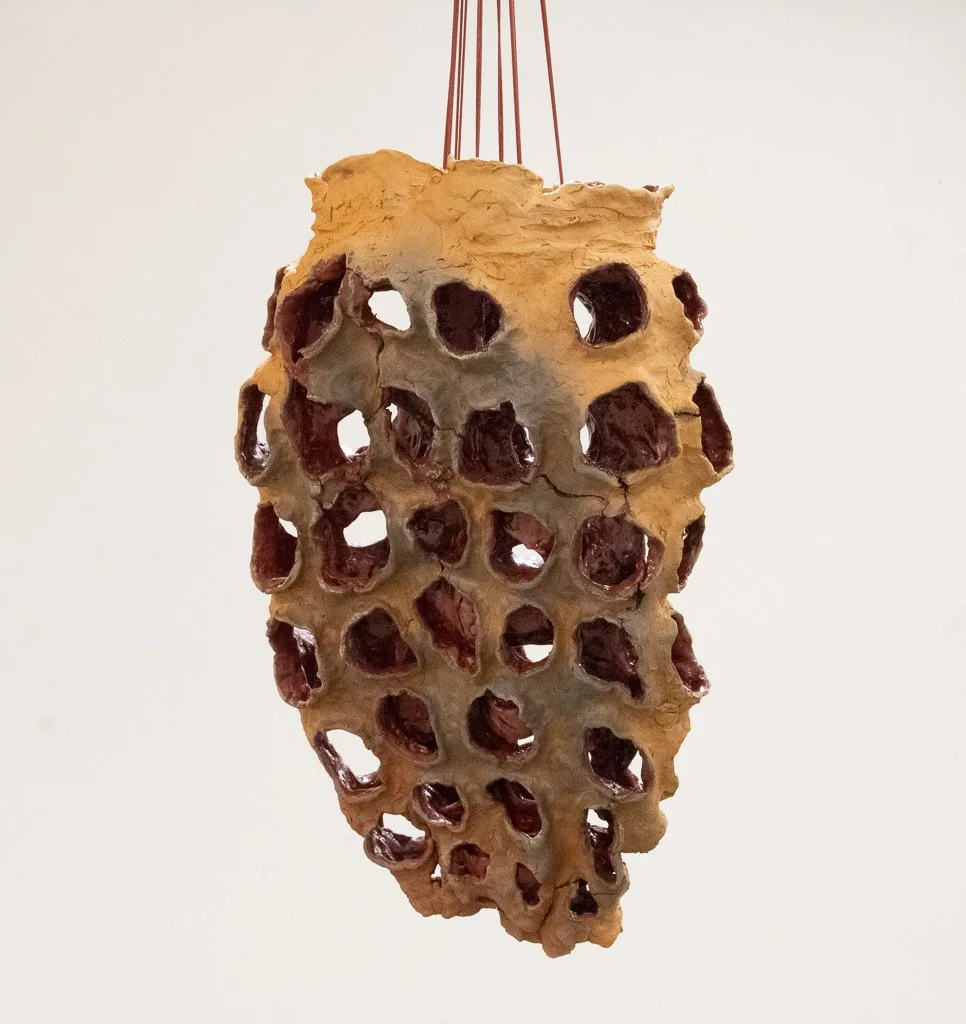 Open Body (Suspended), 2025. Low-fire ceramics and glaze. 35 x 22 x 14 inches (Alternate view).