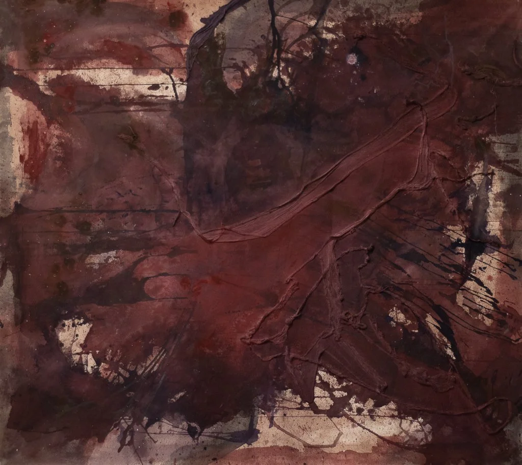 Aftermath, 2026. Acrylic and cheesecloth on unstretched canvas. 41 x 45 inches.