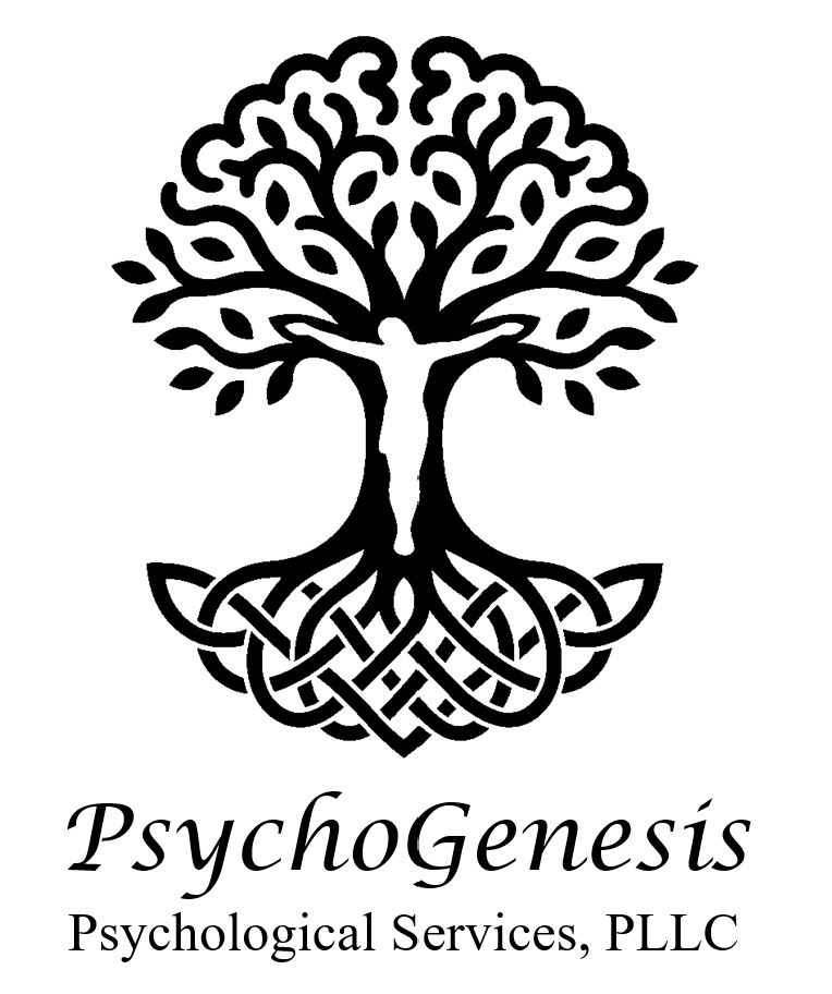 A black and white logo featuring a stylized tree with intertwined roots and branches, with a human figure integrated into the trunk, and the text 'PsychoGenesis Psychological Services, PLLC' below.
