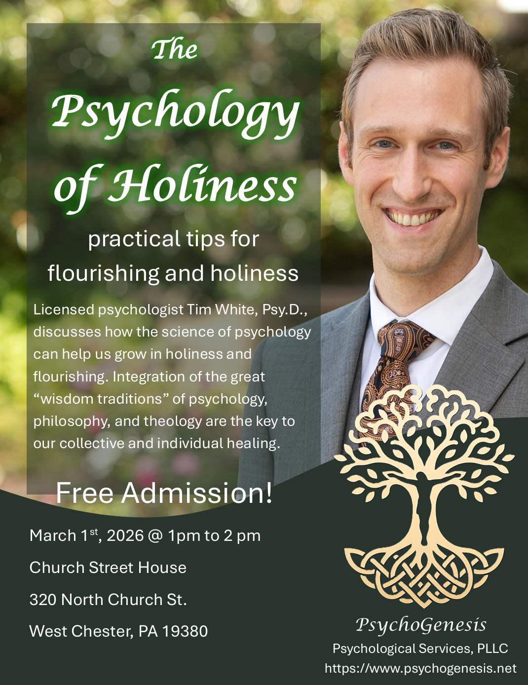 Poster for a seminar titled "The Psychology of Holiness" featuring a talk in West Chester, Pennsylvania about the virtue and psychology.