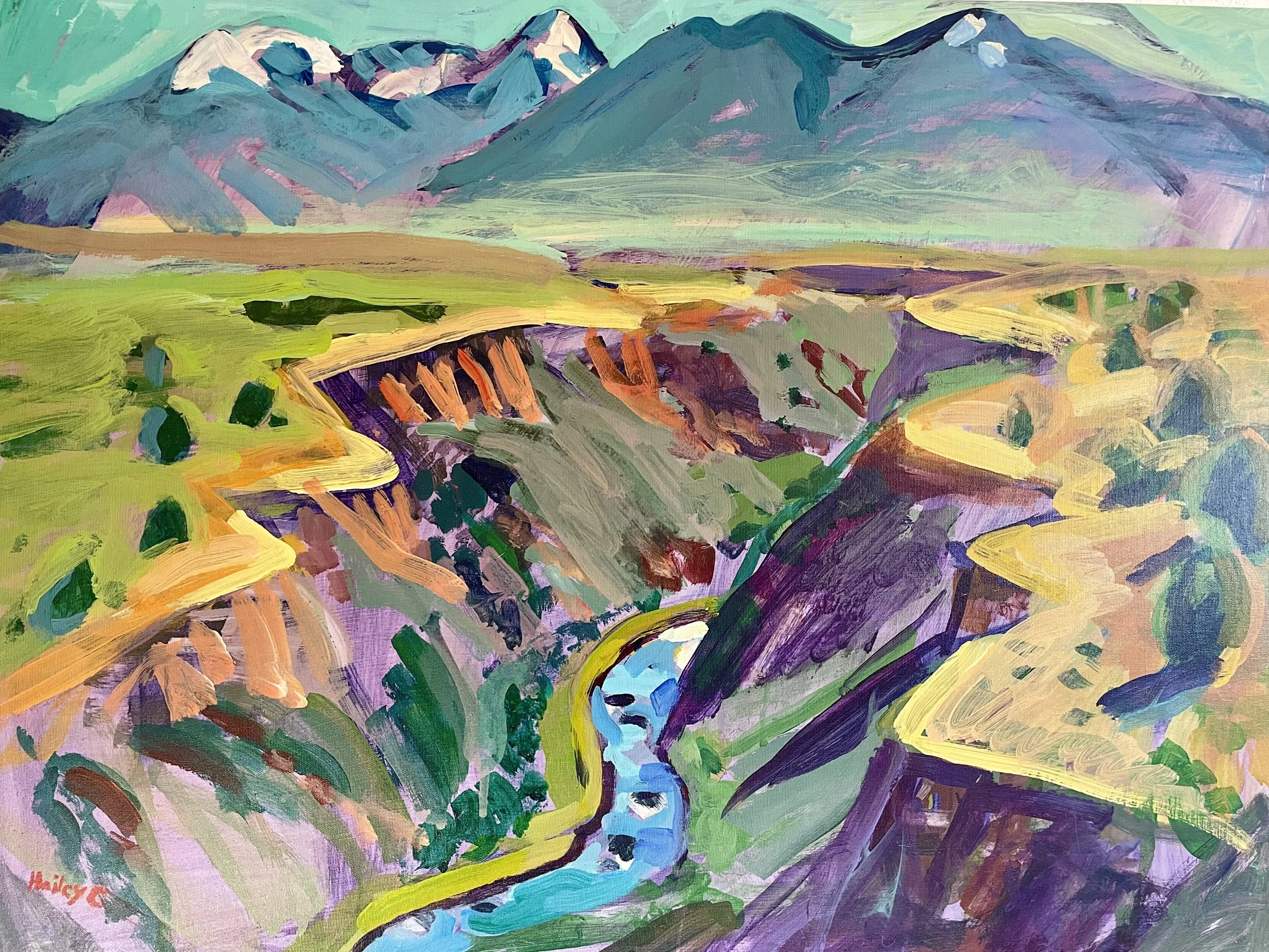 Colorful painting of a lush valley with a river flowing through mountains and fields, featuring vibrant shades of green, purple, and blue.