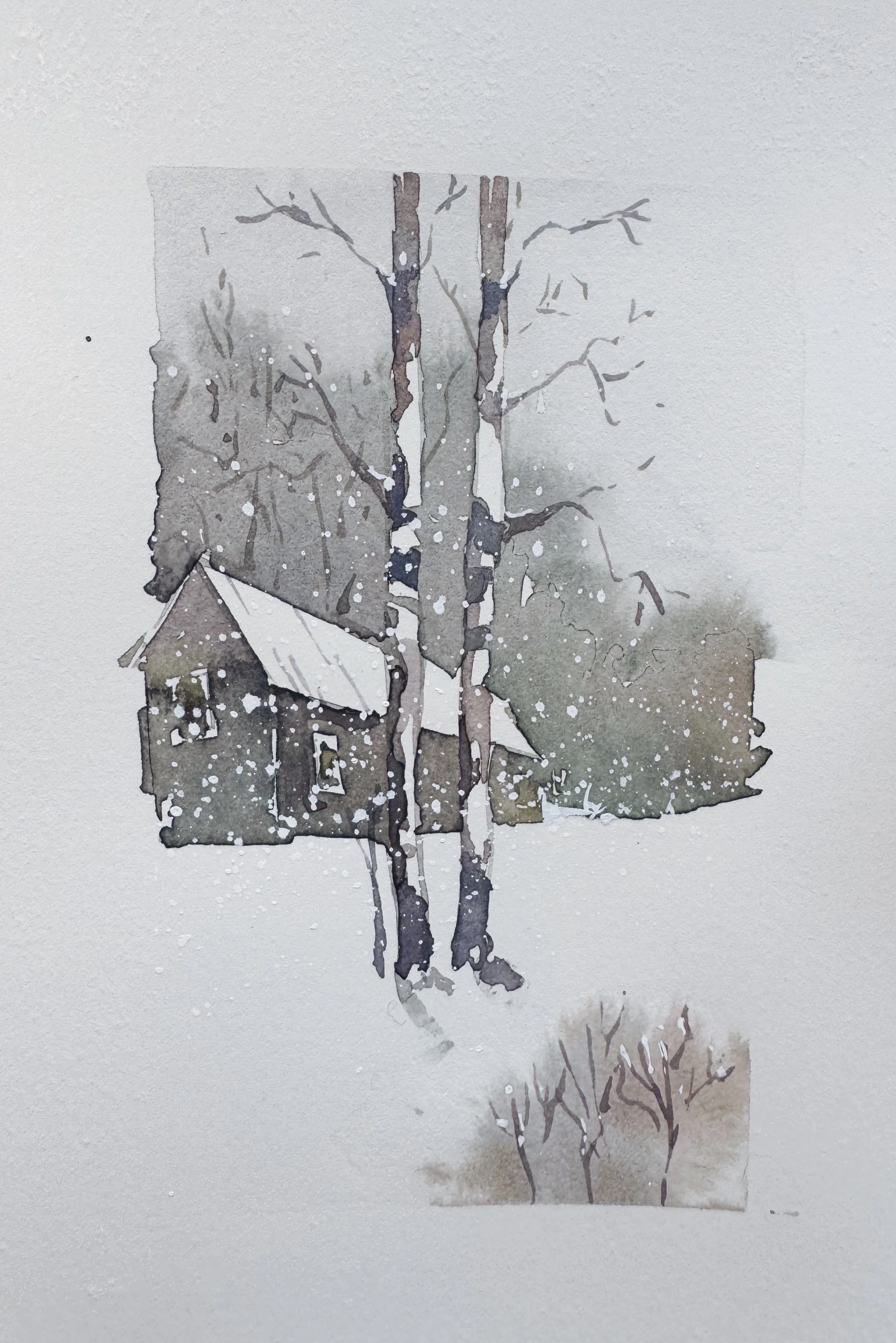Watercolor painting of a house with a snow-covered roof, surrounded by leafless trees and falling snow.