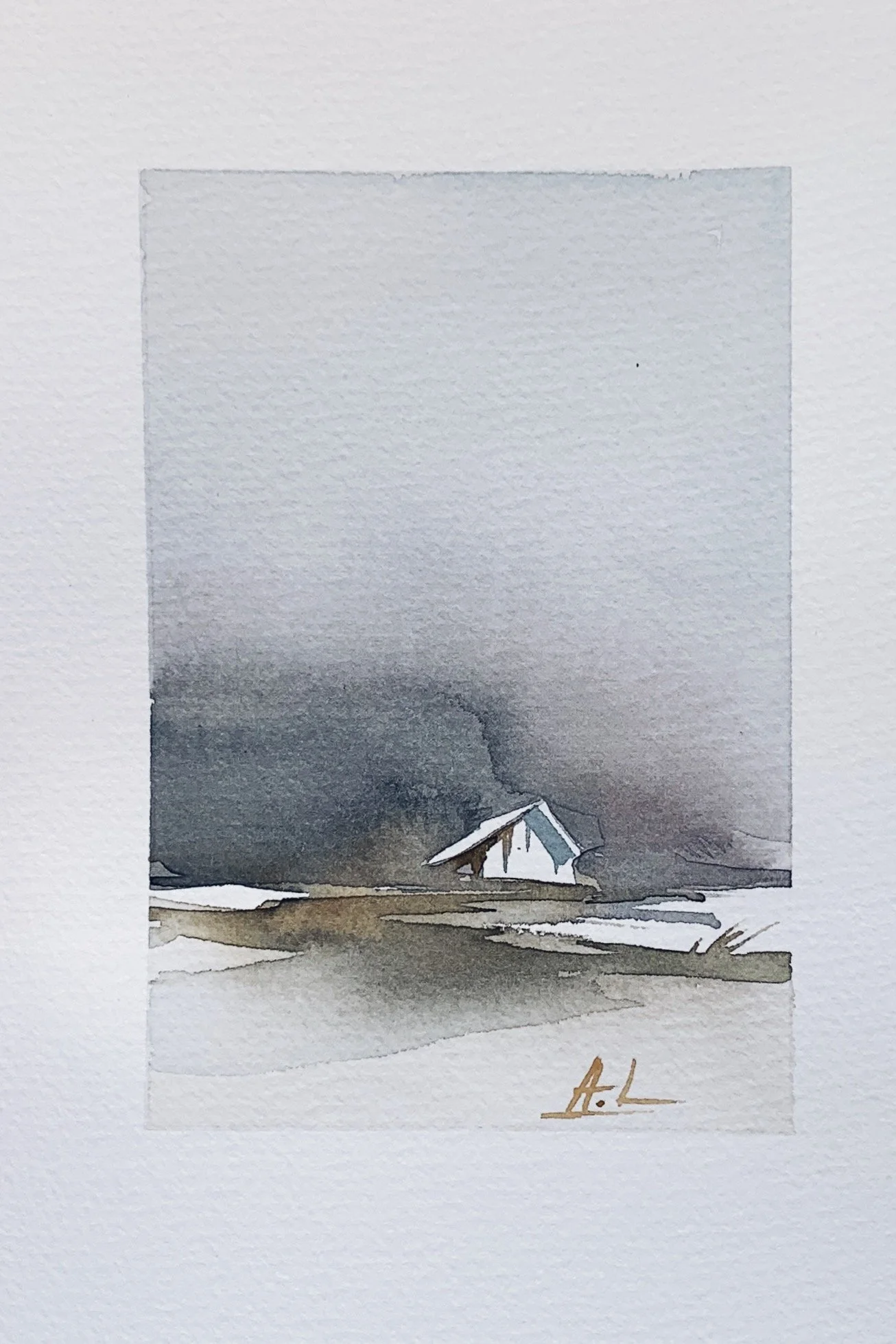 Watercolor painting of a small, white house tilted to the side, with a chimney emitting dark smoke, set against a cloudy, ominous sky.