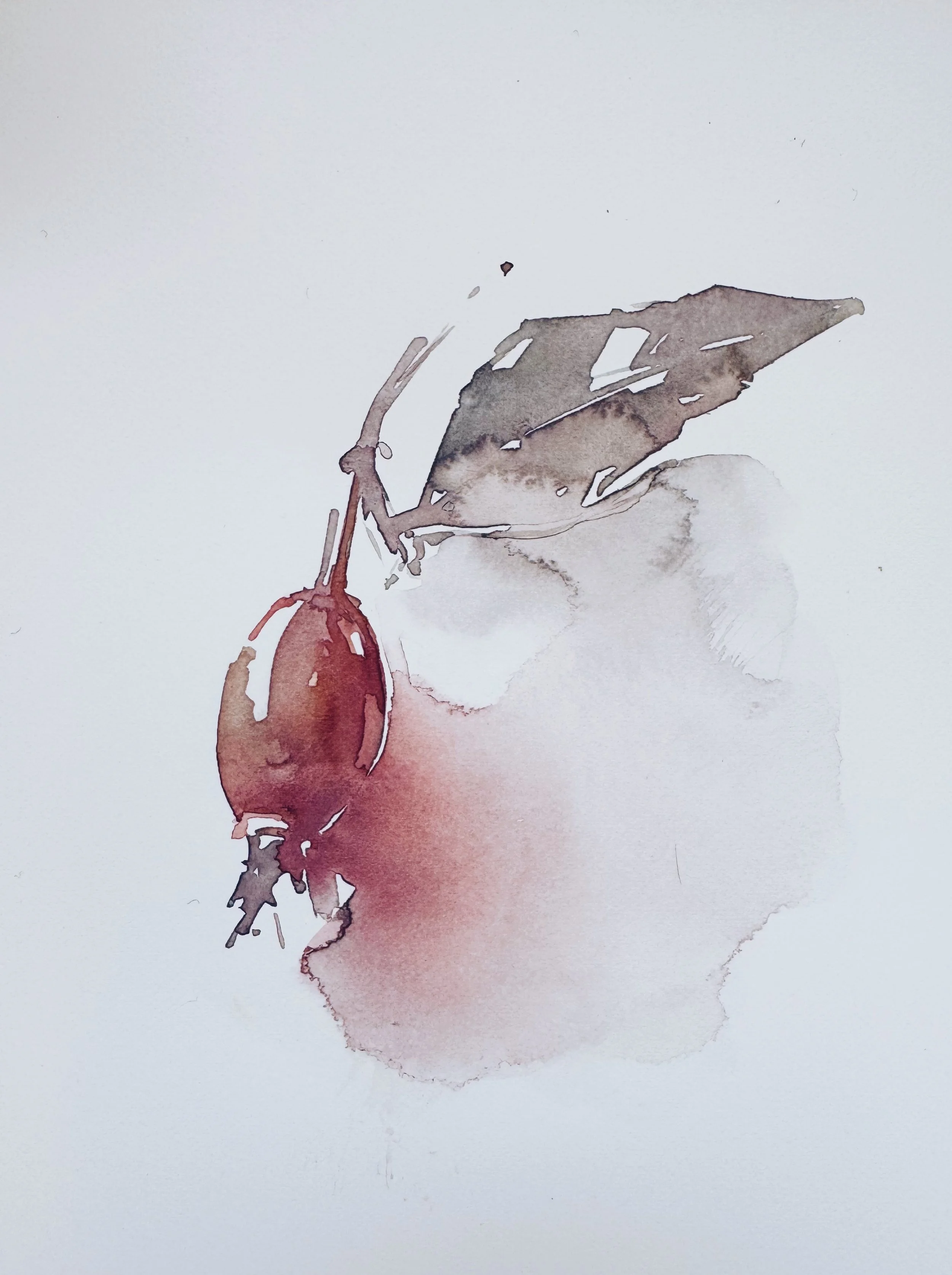 Watercolor painting of a cherry with a leaf on a white background.