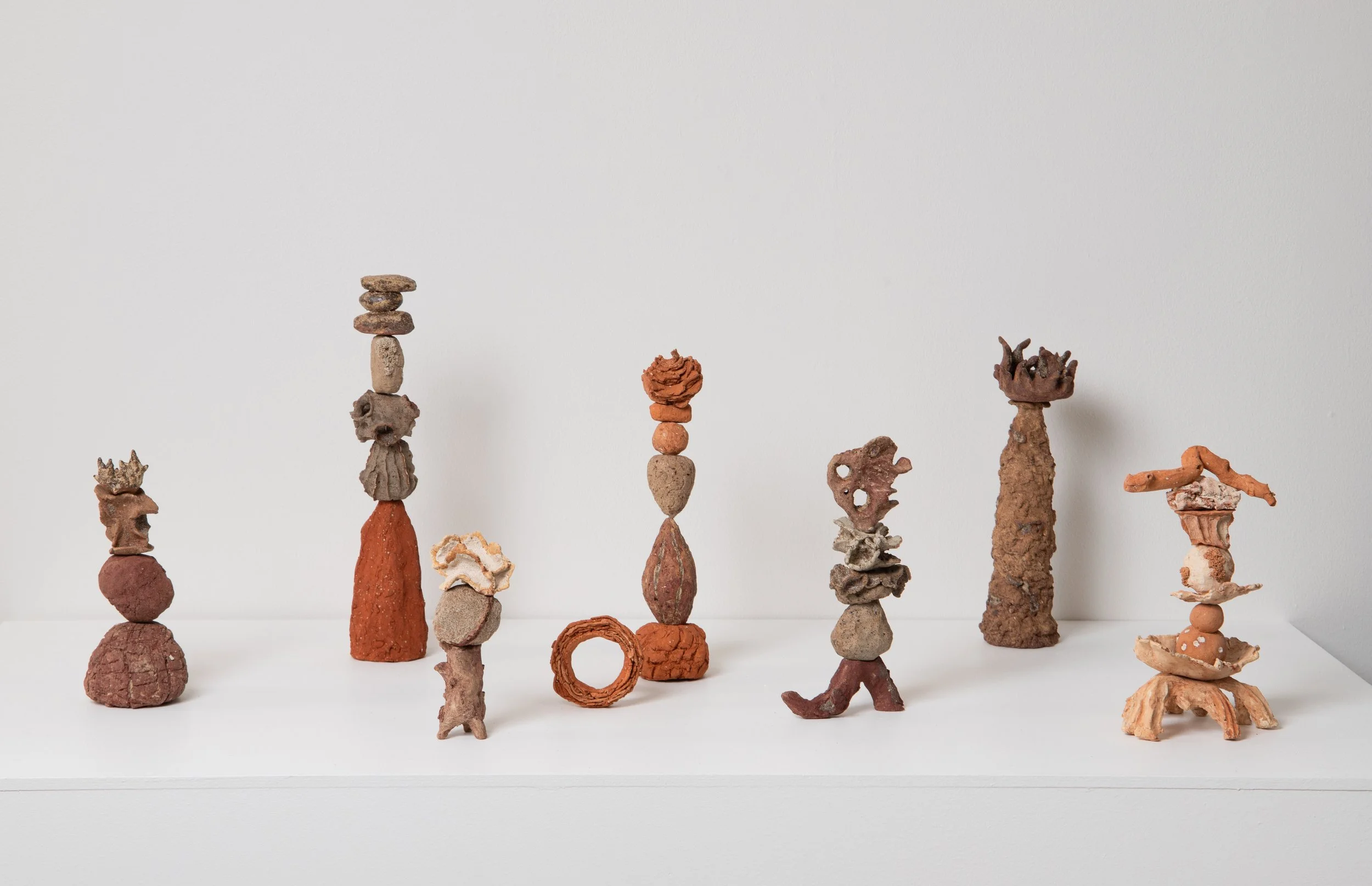 A series of abstract sculptures made from various natural materials, arranged in a line on a white shelf against a plain white wall.