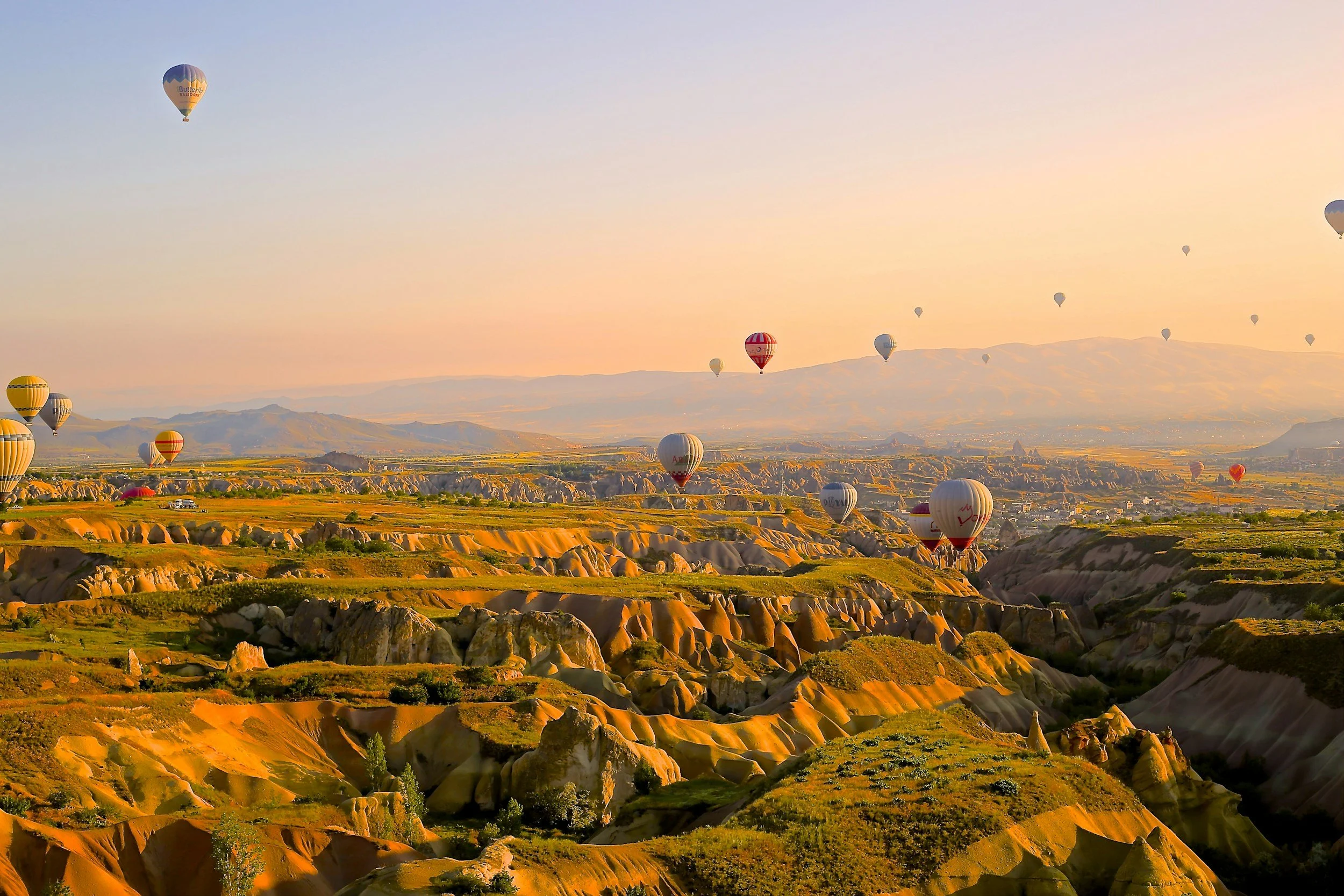 Stunning, expansive view of a hilly landscape. The sky is filled with hot air balloons of varying colors. They fly far back into the horizon