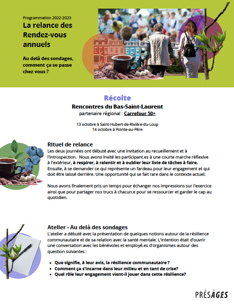 Une première récolte pour la Relance des Rendez-vous annuels!