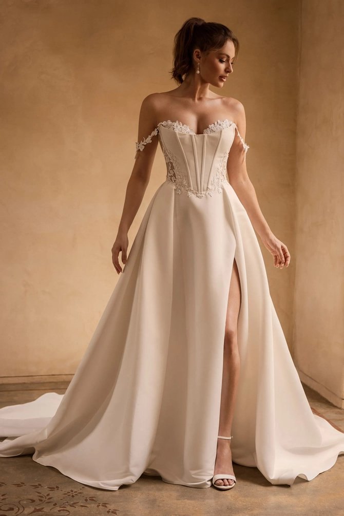 A woman in a strapless wedding dress with lace details and a thigh-high slit, standing on a wooden floor with a plain beige wall background.