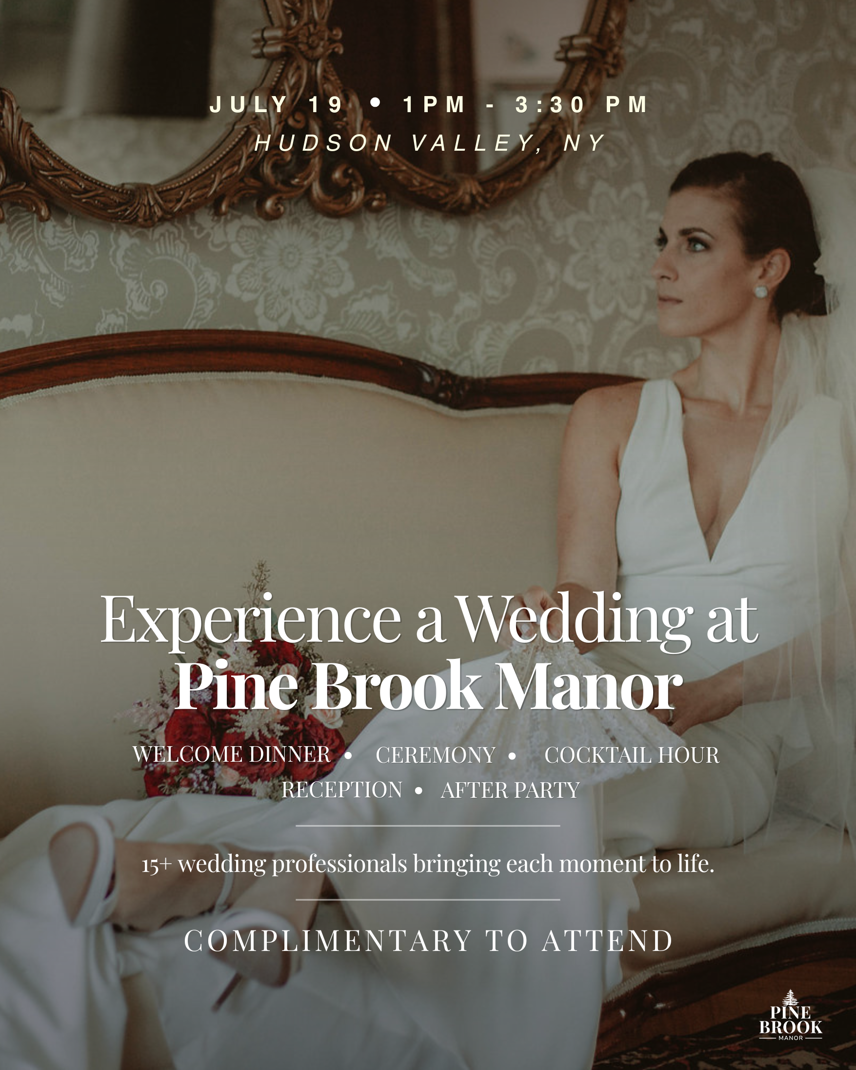Promotional flyer for Pine Brook Manor wedding venue showcasing a bride in a white dress seated on a vintage-style beige sofa with dark wooden trim, a large ornate mirror with a gold frame hanging above, and floral arrangements on a table nearby, with event details overlaid in white text.