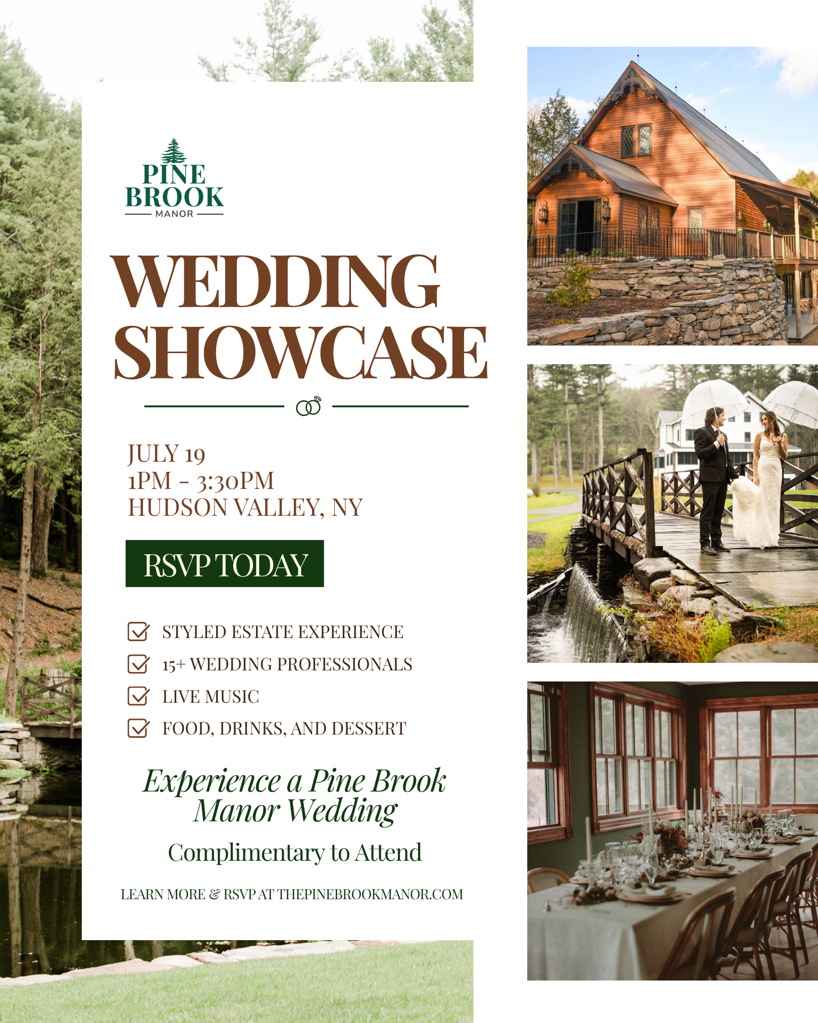 Flyer for Pine Brook Manor Wedding Showcase with images of the venue, a wedding couple, and a decorated interior. The flyer includes event details: July 19, 1 PM to 3:30 PM, Hudson Valley, NY, RSVP today, and highlights amenities like estate experience, wedding professionals, live music, food, drinks, and dessert.