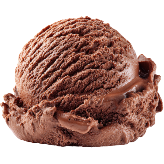 A scoop of chocolate ice cream with a smooth, creamy texture and a slightly shiny surface.