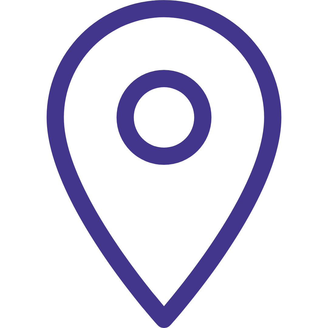 A purple location pin icon with a black background.