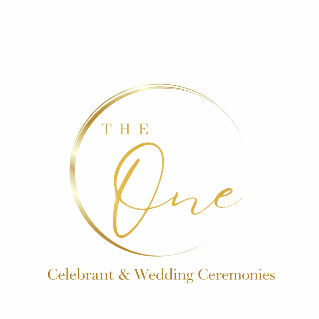 Logo for 'The One,' a company specializing in celebrant and wedding ceremonies, featuring elegant gold circular design and cursive font on a white background.