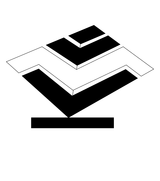 Black and white isometric illustration of layered geometric shapes resembling a modern architectural structure.