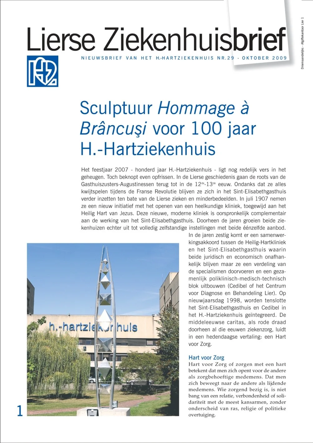 Newsletter headline in Dutch about a sculpture homage at H.-Hartziekenhuis, with a photo of a modern sculpture in front of hospital building.