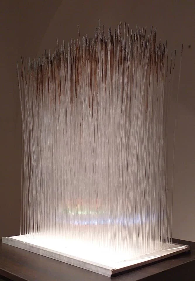 Contemporary art installation featuring numerous vertical glass rods suspended from a square base, illuminated from below, creating a shimmering, wave-like effect.