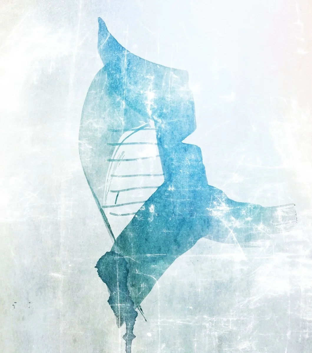 A stylized, watercolor map of Israel in blue with minimal details.