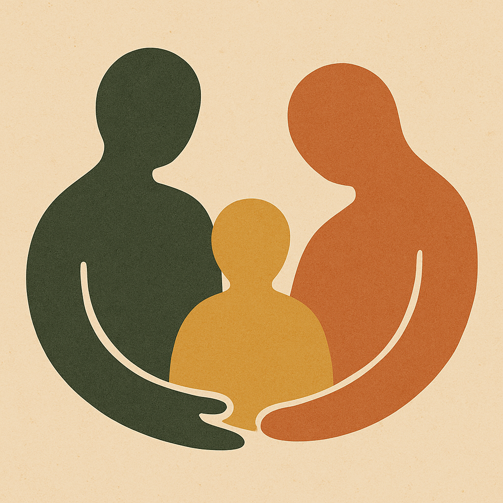 Silhouettes of two adults holding a child between them, symbolizing protection and family care.