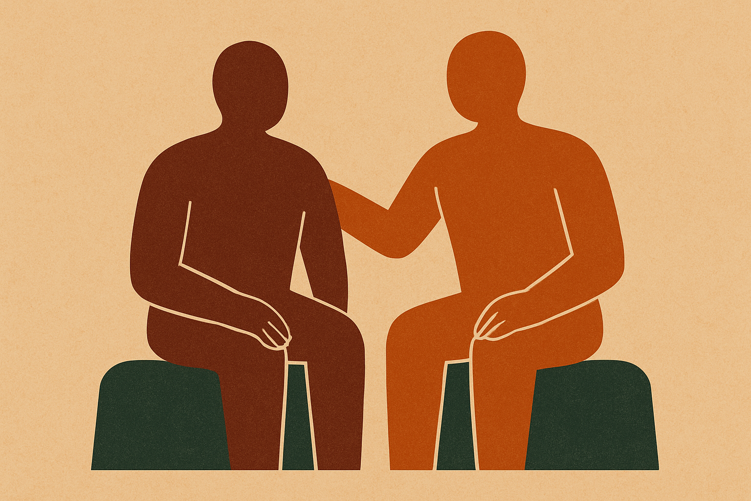 Silhouettes of two people sitting on chairs facing each other, with one person placing a hand on the other's shoulder, against a plain beige background.