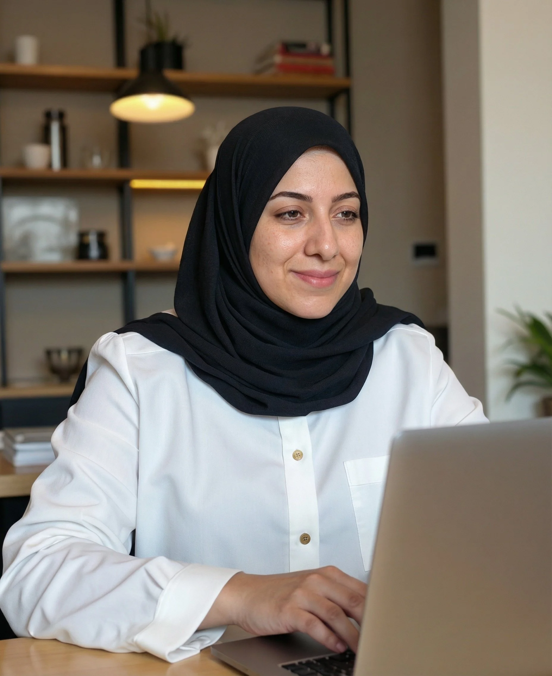 A woman wearing a black hijab and white blouse sitting at a desk, using a laptop in a modern office or home workspace.