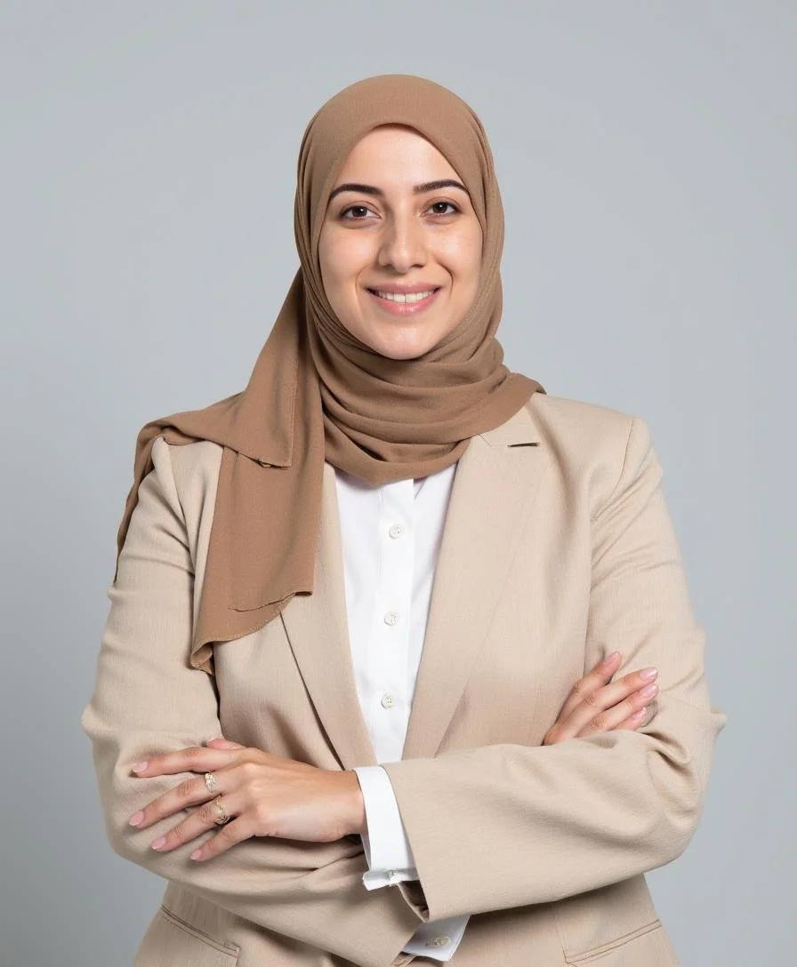 A woman wearing a beige blazer and white shirt with a light brown hijab, smiling and crossing her arms against a plain gray background.