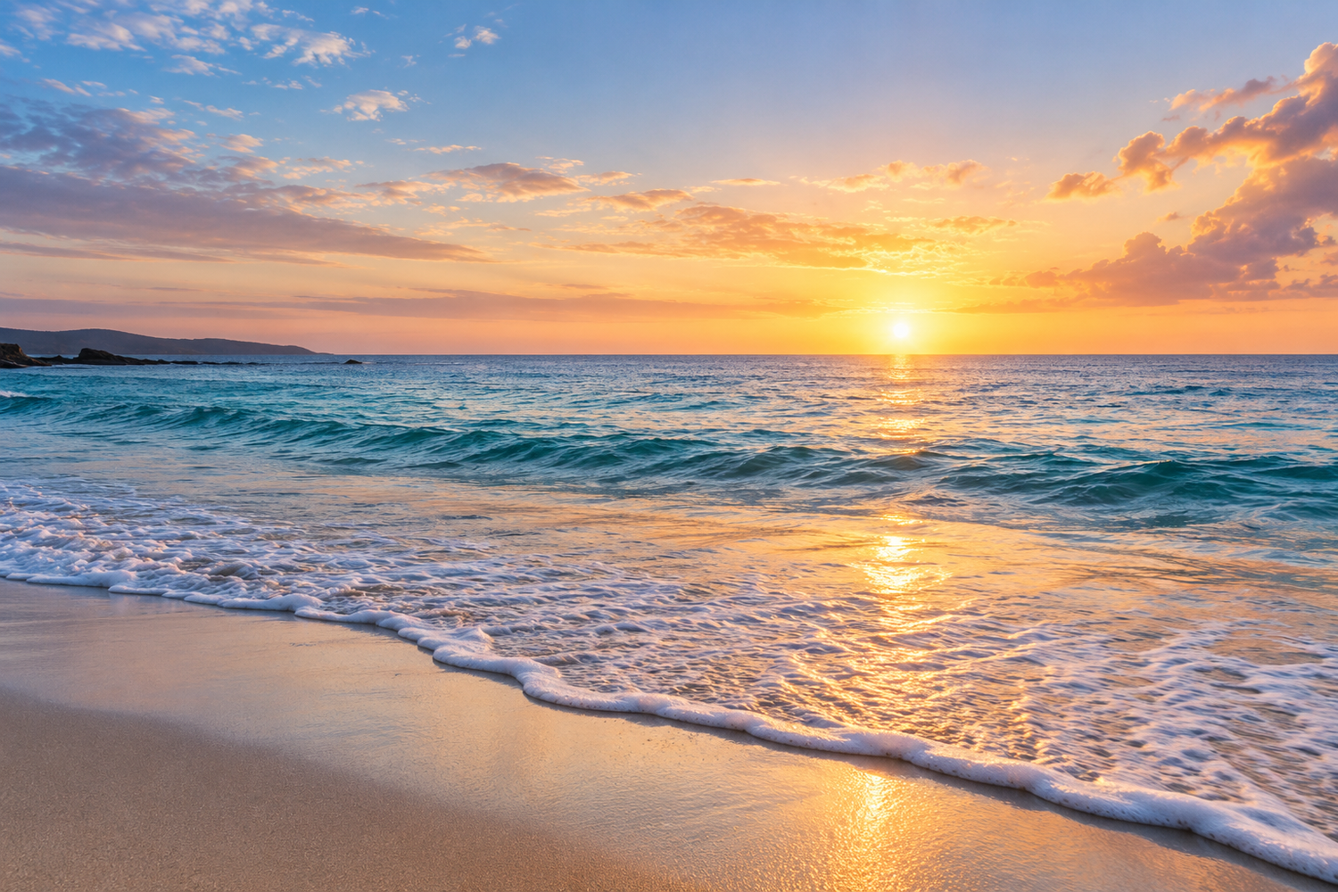 Warm sunset over a beach with gentle waves.