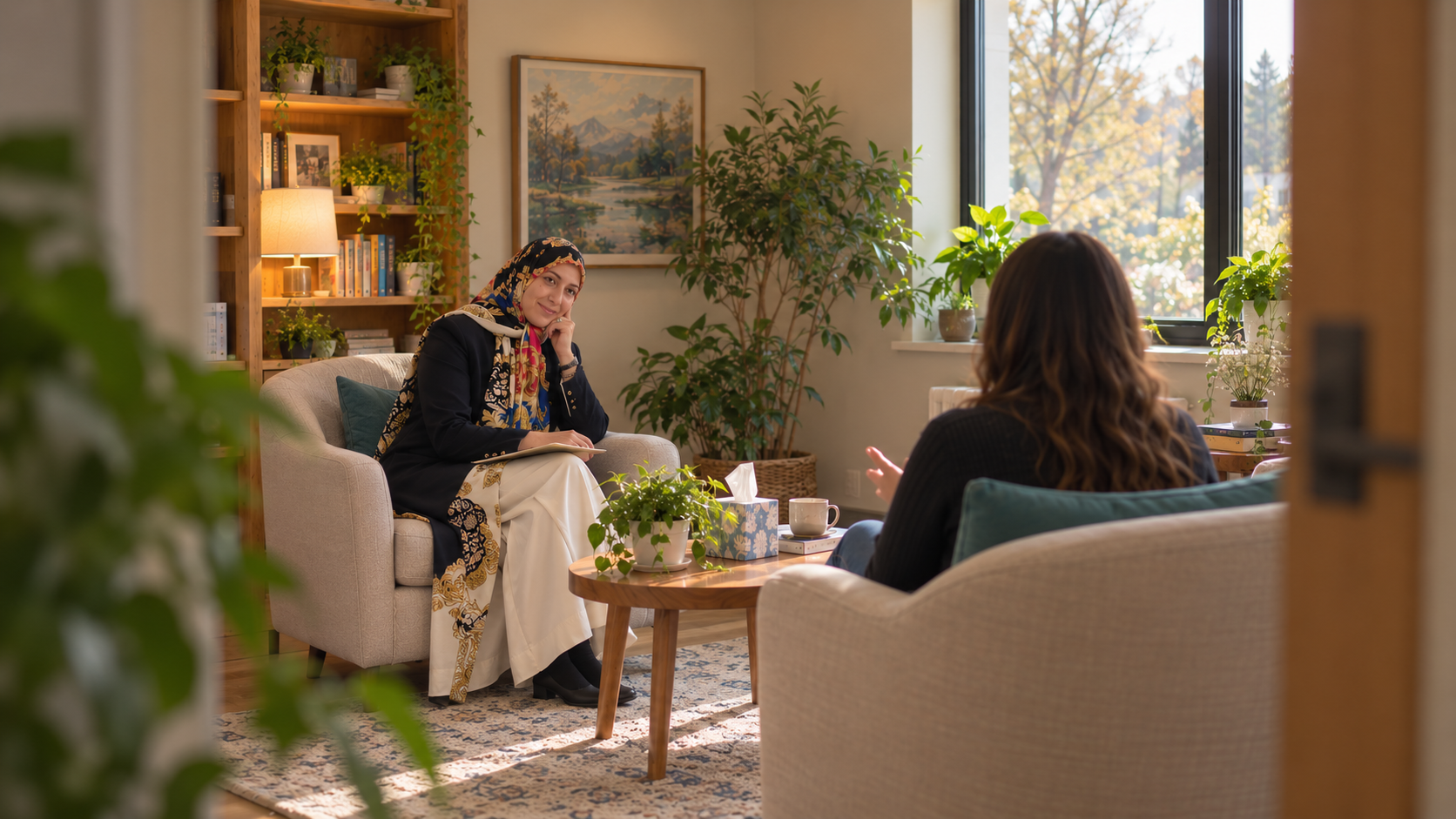 Two adults in conversation in a bright, furnished room.