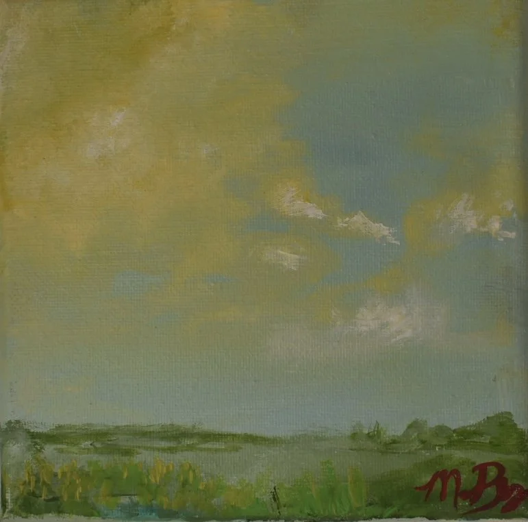 A landscape painting of a green field under a sky with scattered clouds, signed with initials in the bottom right corner.