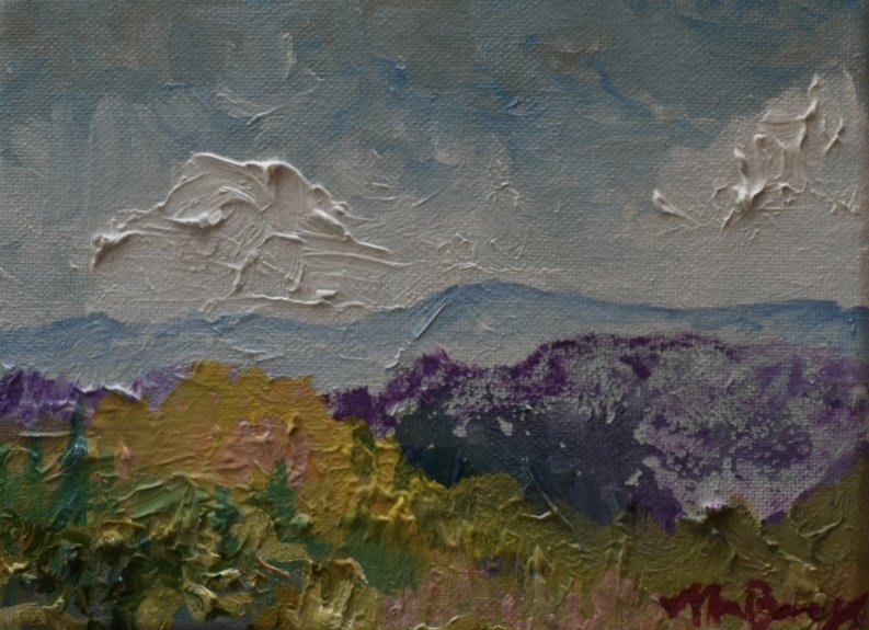 Abstract landscape painting depicting mountains, trees, and sky with textured brushstrokes.