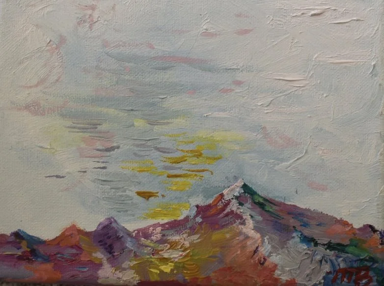 Impressionist landscape painting of a mountain with a colorful sky in the background, featuring bold brushstrokes and a textured surface.