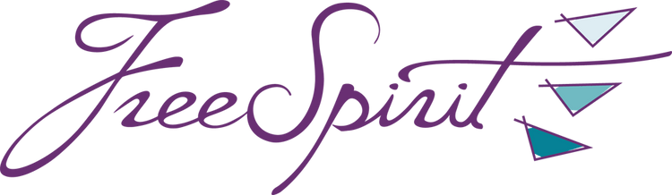 The words 'Free Spirit' written in elegant, purple, cursive font with three colorful triangles to the right.