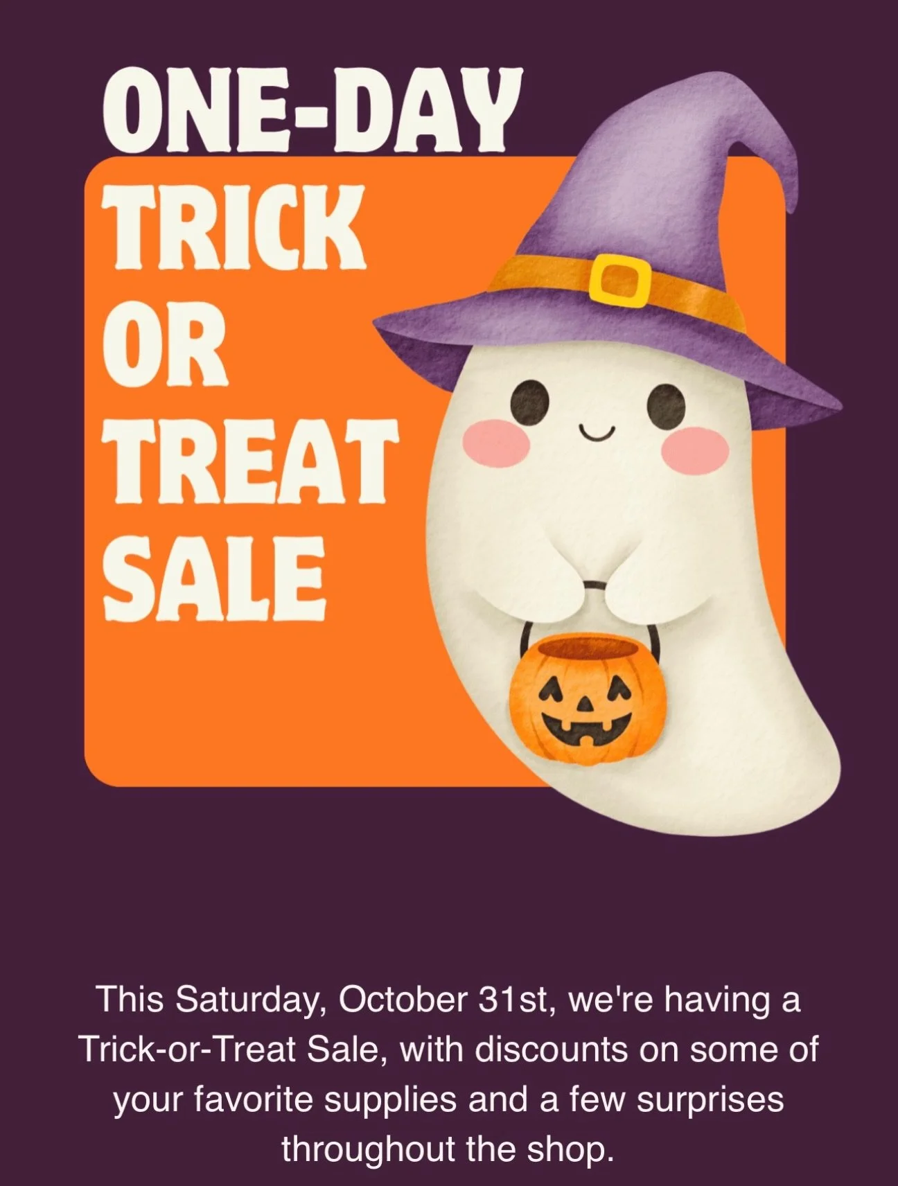 We&rsquo;re celebrating Halloween with a one-day sale this Saturday, October 31st!

🧶 20% off all yarn &amp; bolted fabric (excluding $4 bolts)
✂️ 30% off all notions
🧵 Special markdowns on precut quilting, garment &amp; upholstery fabric
🍬 Extra 